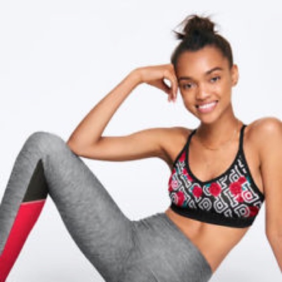 PINK Victoria's Secret Tops - NWT Victoria’s Secret Pink: Ex Small & Small Black & Red Floral Logo Workout Bra